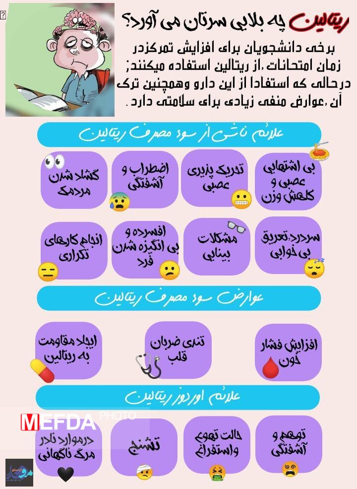 بلاهایی که سپس از مصرف ریتالین سرتان می آید/ اینفوگرافیک 2 بلاهایی که بعد از مصرف ریتالین سرتان می آید/ اینفوگرافیک