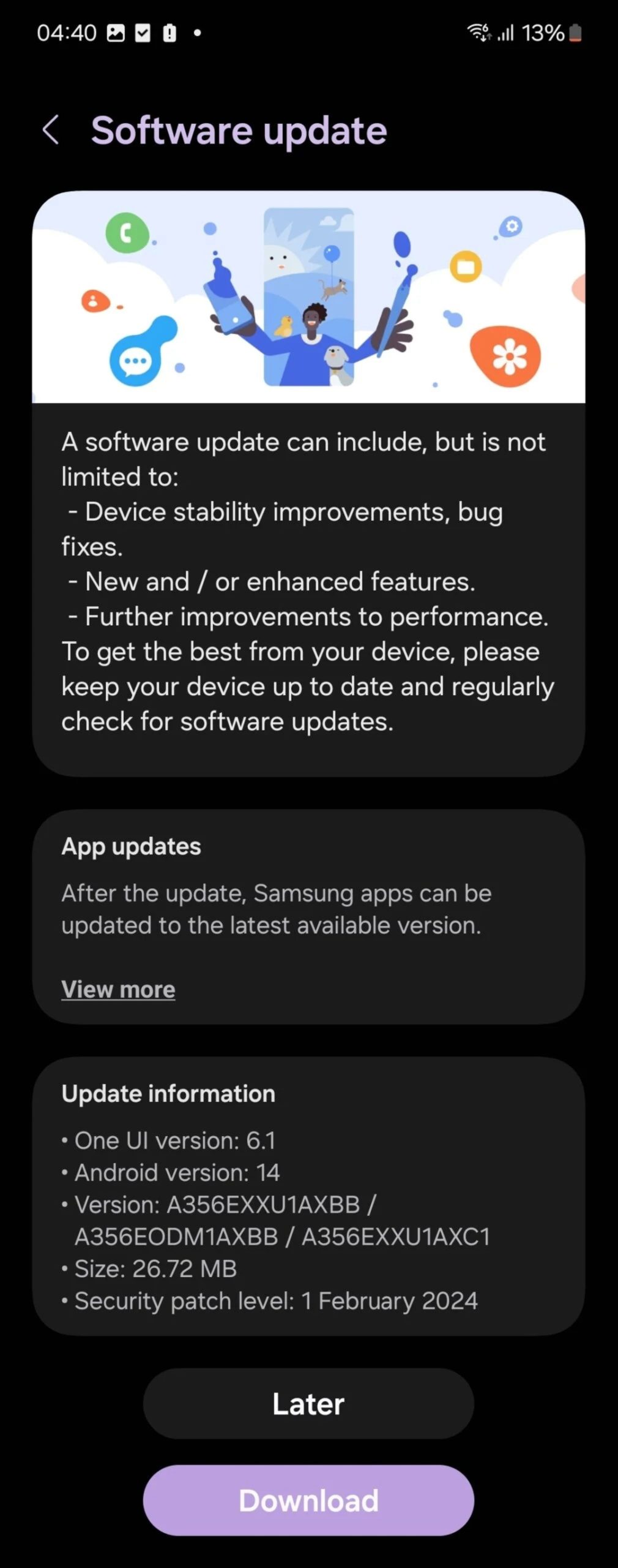 توضیحات مربوط‌به اولین آپدیت نرم‌افزاری گلکسی A35
