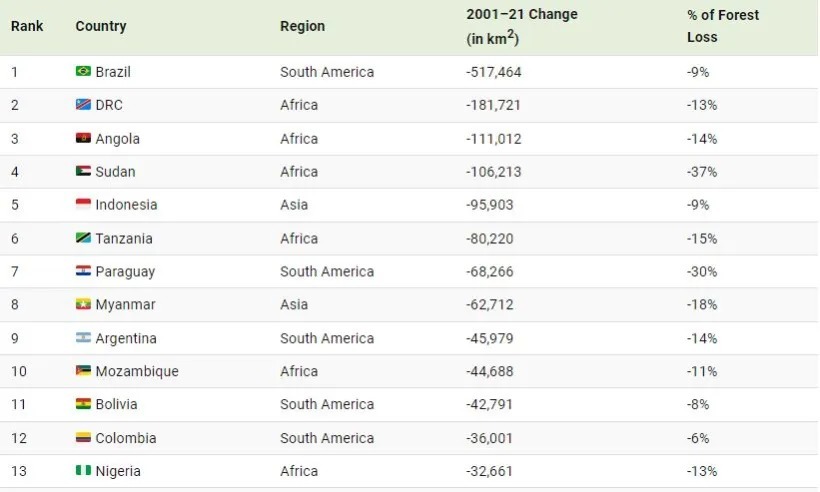 کدام کشورها از سال ۲۰۰۱ تا ۲۰۲۱ جنگل بیشتری از دست دادهاند؟ + اینفوگرافی کدام کشورها از سال ۲۰۰۱ تا ۲۰۲۱ جنگل بیشتری از دست دادهاند؟ + اینفوگرافی