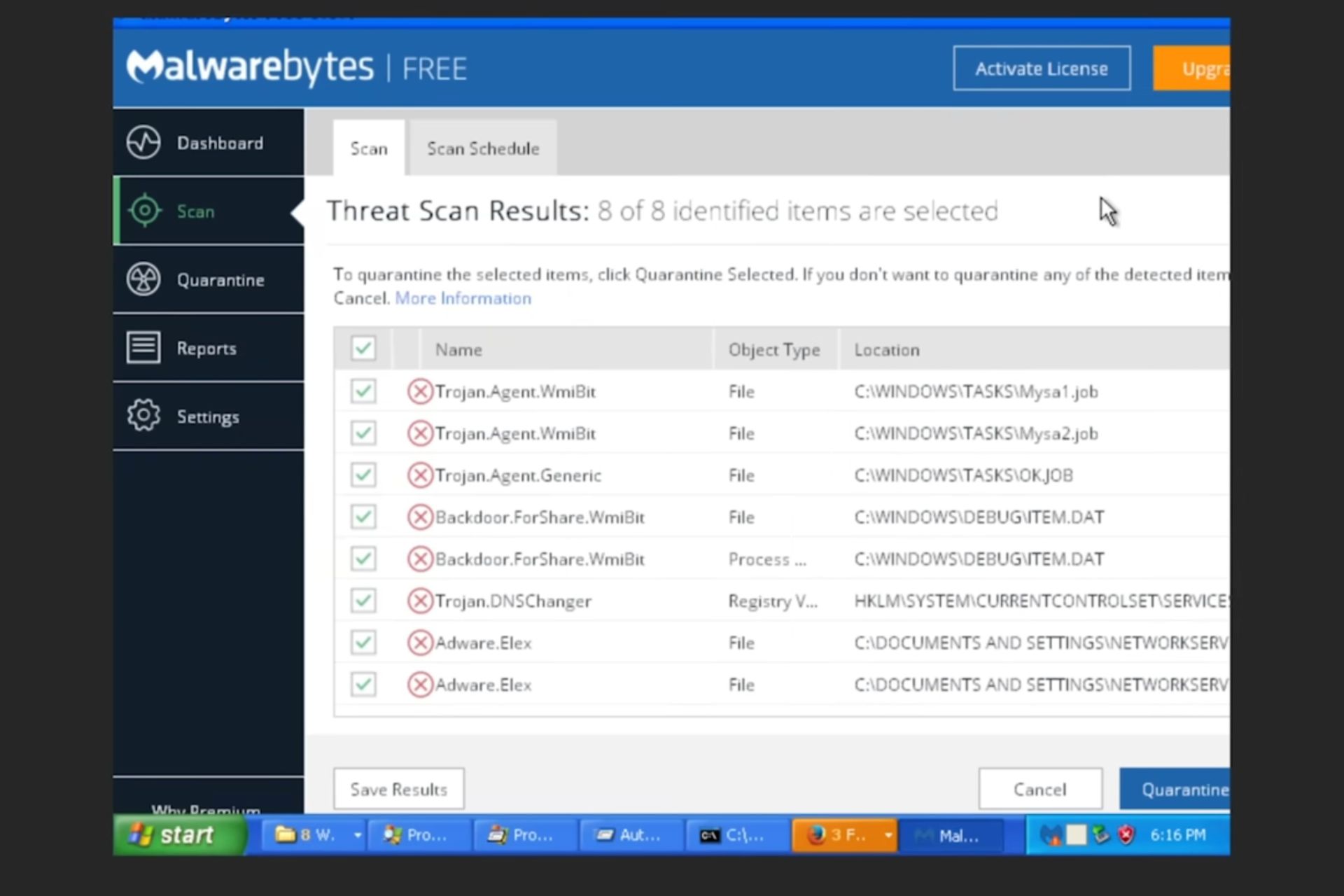 ویروس‌های نصب‌شده روی ویندوز XP در نرم‌افزار Malwarebytes