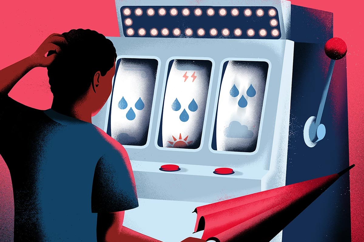 دنیای رمزآلود احتمالات؛ چرا «گمان» به گمان زیادً وجود ندارد؟_سودو تکنولوژی 2 تصویرسازی از مردی جوان با چتر بسته در دست درمقابل ماشین اسلات