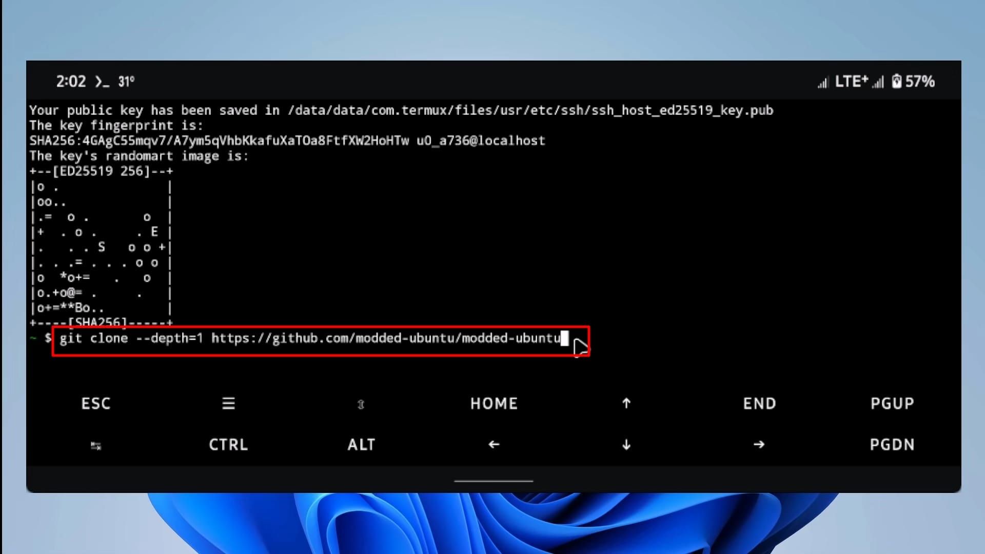 ترموکس - اجرای دستور git clone  برای کلون کردن مخزن حاوی اسکریپت‌های نصب اوبونتو