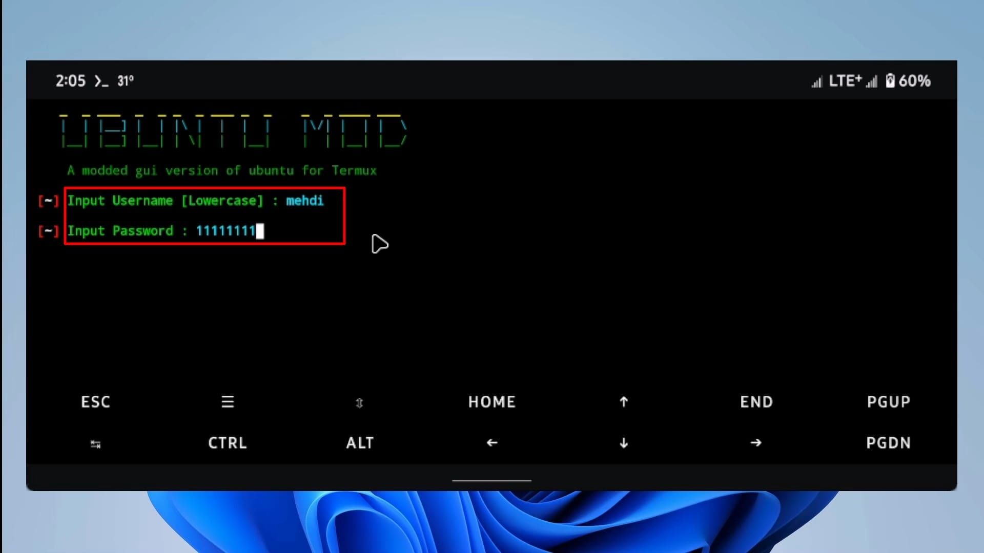 ترموکس - ترمینال اوبونتو - انتخاب یوزرنیم و پسورد اوبونتو در مرحله‌ی پایانی اسکریپت user.sh 
