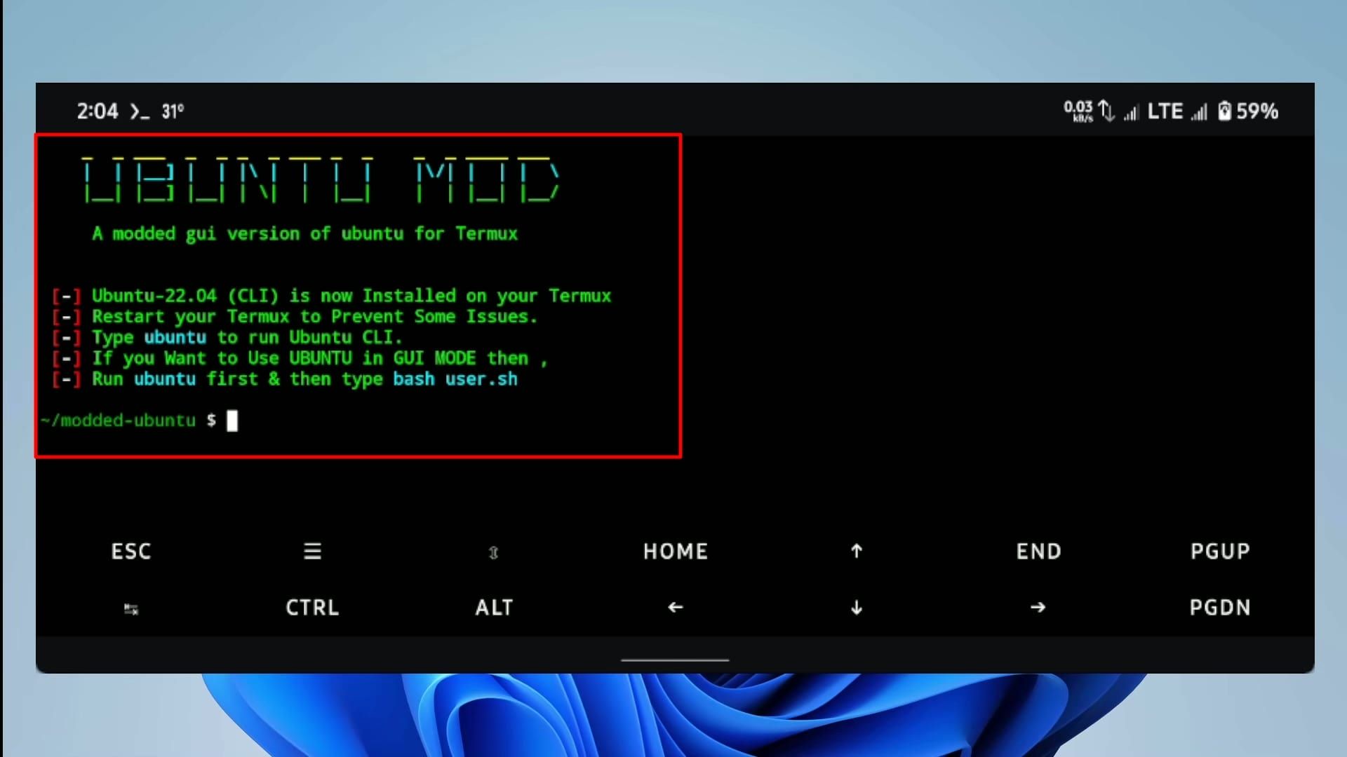 ترموکس - ترمینال اوبونتو - پیغام موفقیت‌آمیز بودن نصب اوبونتو ۲۴.۰۴ 