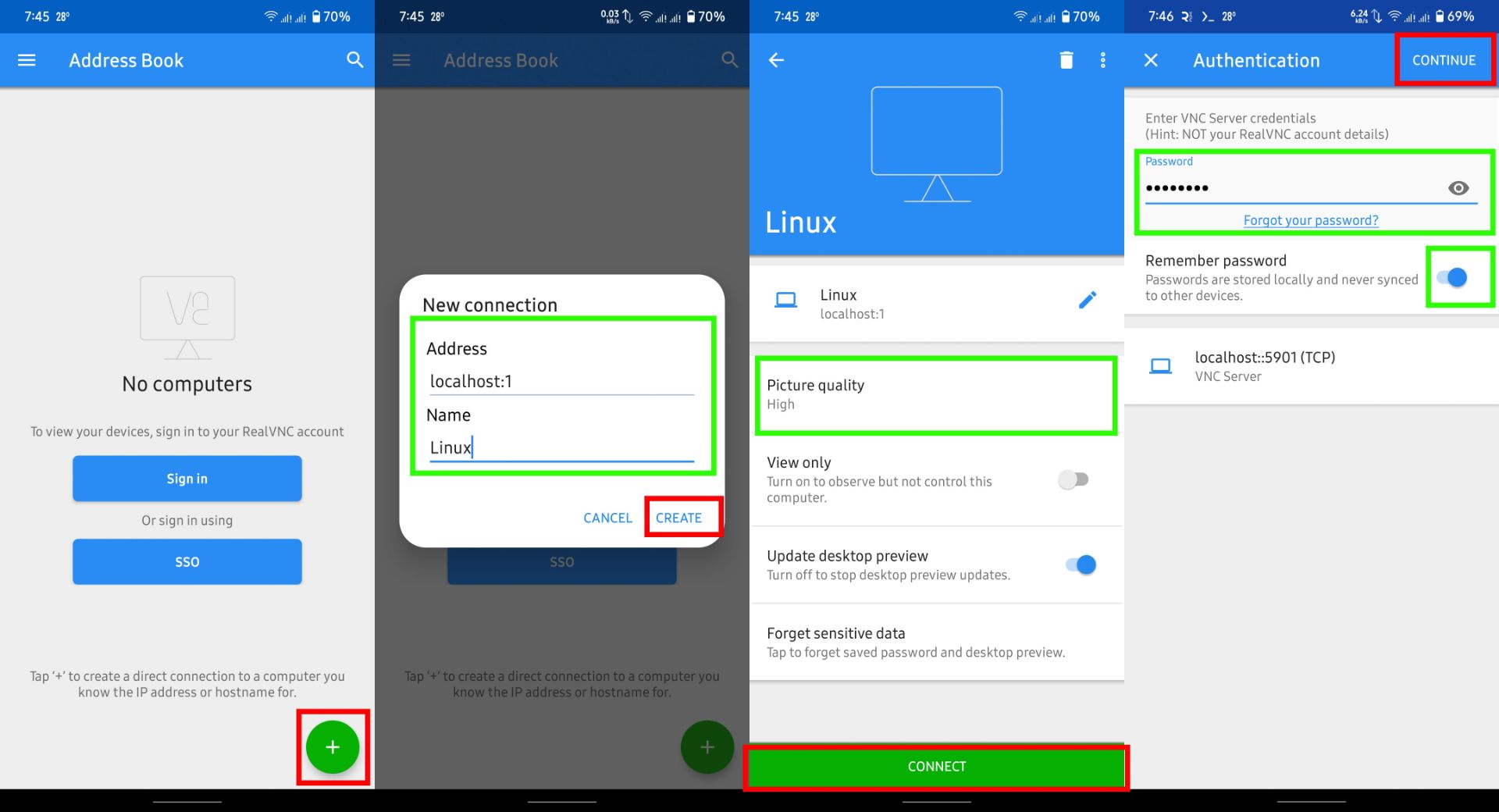 مراحل افزودن یک کانکشن جدید به اپلیکیشن RealVNC از چپ به راست
