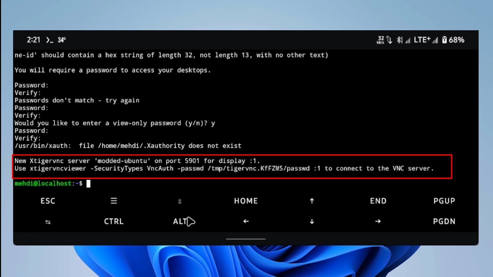 ترموکس - ترمینال اوبونتو - پیغام مبنی بر موفقیت‌آمیز بودن اجرای سرور VNC 