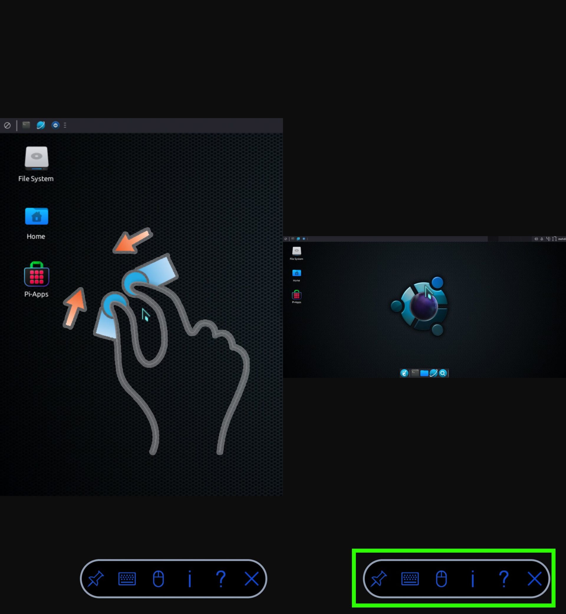 محیط دسکتاپ اوبونتو در اپلیکیشن RealVNC - ژست حرکتی برای زوم اوت کردن