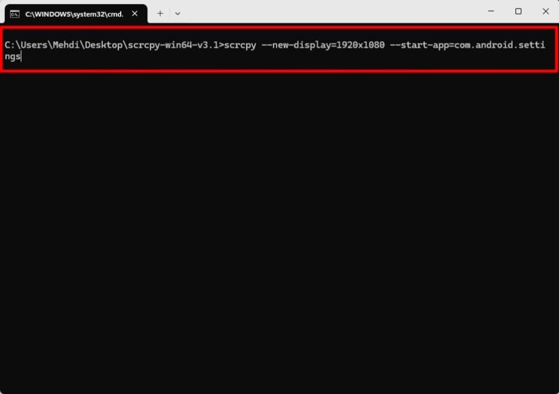 اجرای دستور برای میرور کردن اپلیکیشن تنظیمات اندروید در پنجره‌ی scrcpy جدید