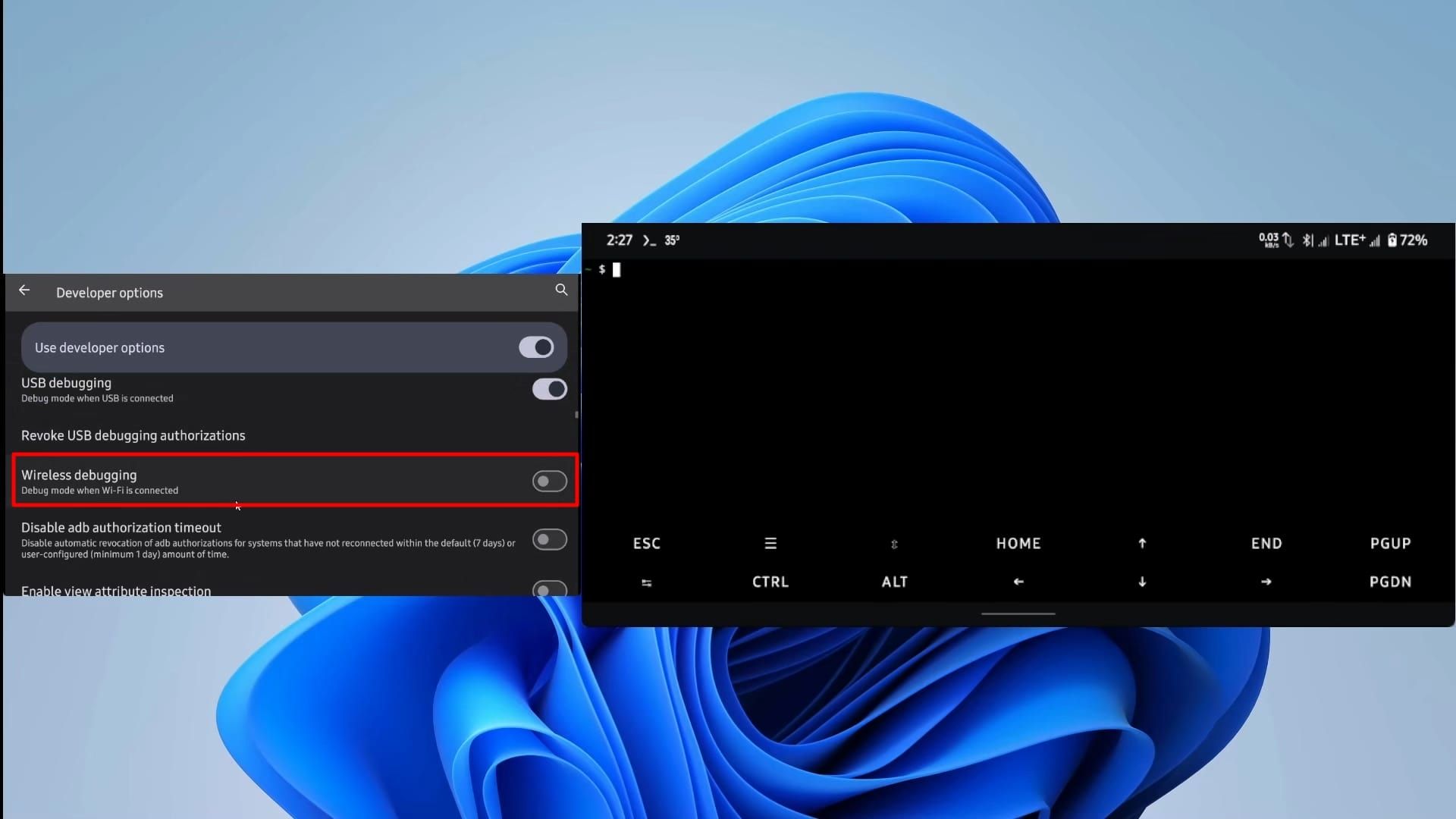 پنجره‌ی ترموکس سمت راست و پنجره‌ی حاوی اپلیکیشن تنظیمات اندروید سمت چپ - انتخاب گزینه‌ی Wireless debugging