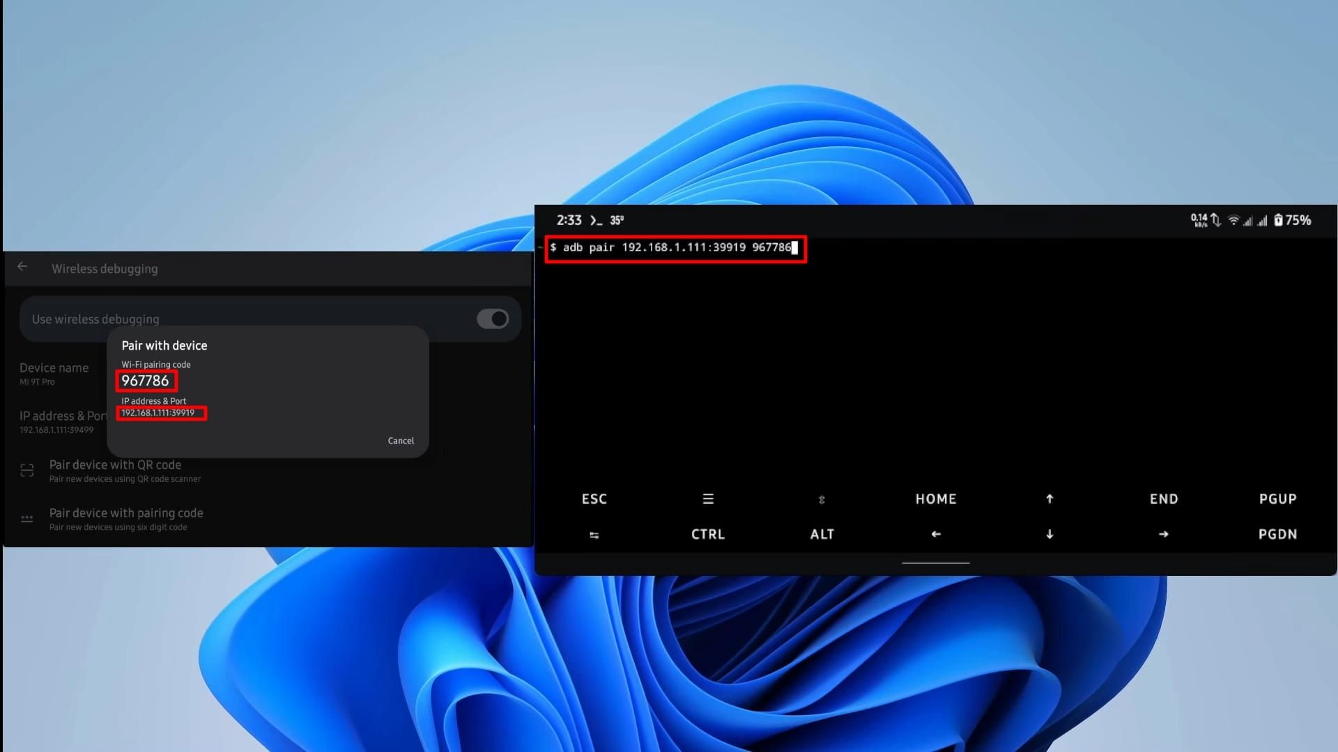 پنجره‌ی ترموکس سمت راست (دستور Pair) و پنجره‌ی حاوی اپلیکیشن تنظیمات اندروید سمت چپ (کد pair و آدرس آیپی و پورت) 