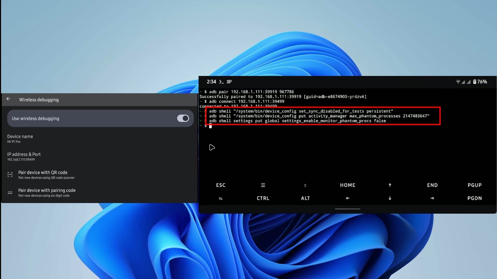 پنجره‌ی ترموکس سمت راست (اجرای دستورات شل برای غیرفعال کردن سیستم‌های مدیریت پس‌زمینه‌ی اندروید) و پنجره‌ی حاوی اپلیکیشن تنظیمات اندروید سمت چپ  