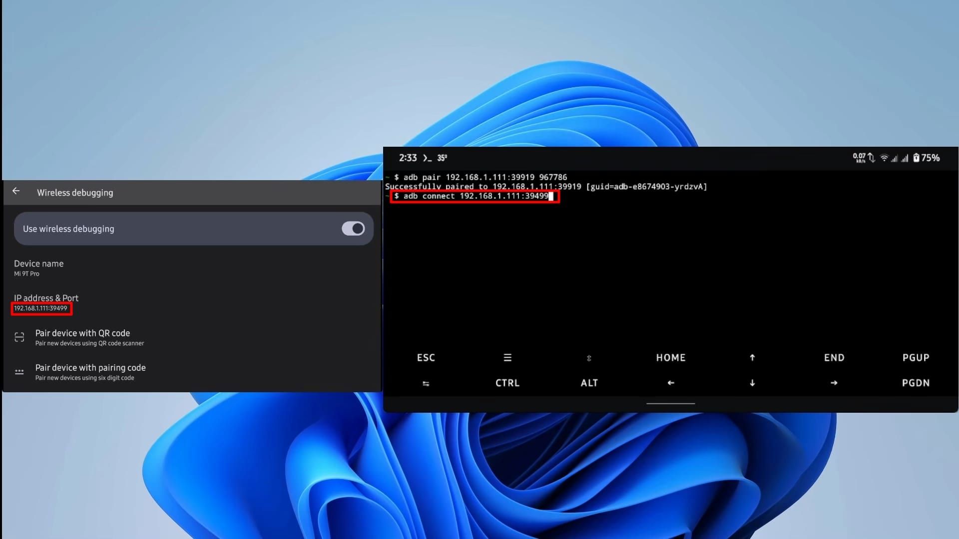 پنجره‌ی ترموکس سمت راست (دستور adb connect) و پنجره‌ی حاوی اپلیکیشن تنظیمات اندروید سمت چپ 