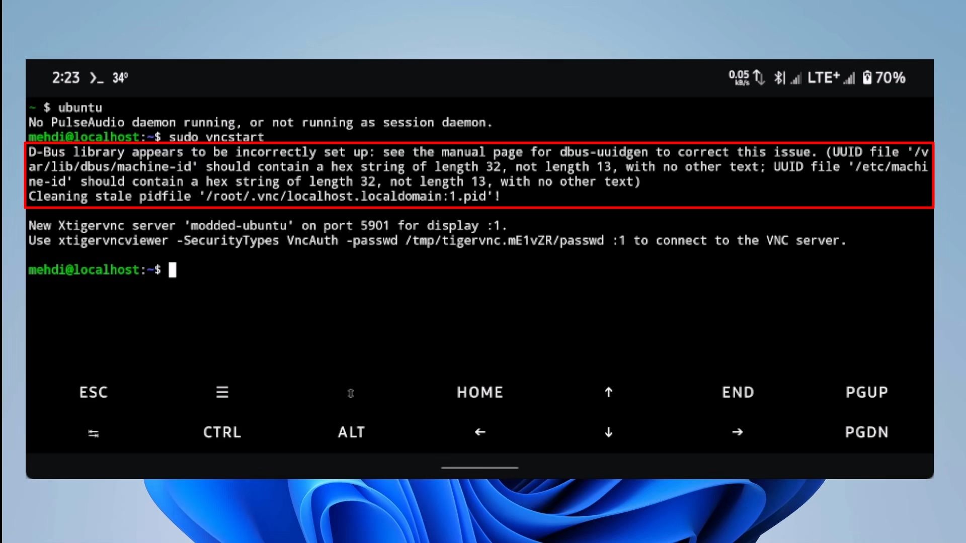 ترموکس - اوبونتو - ارور dbus هنگام اجرای دستور vncstart