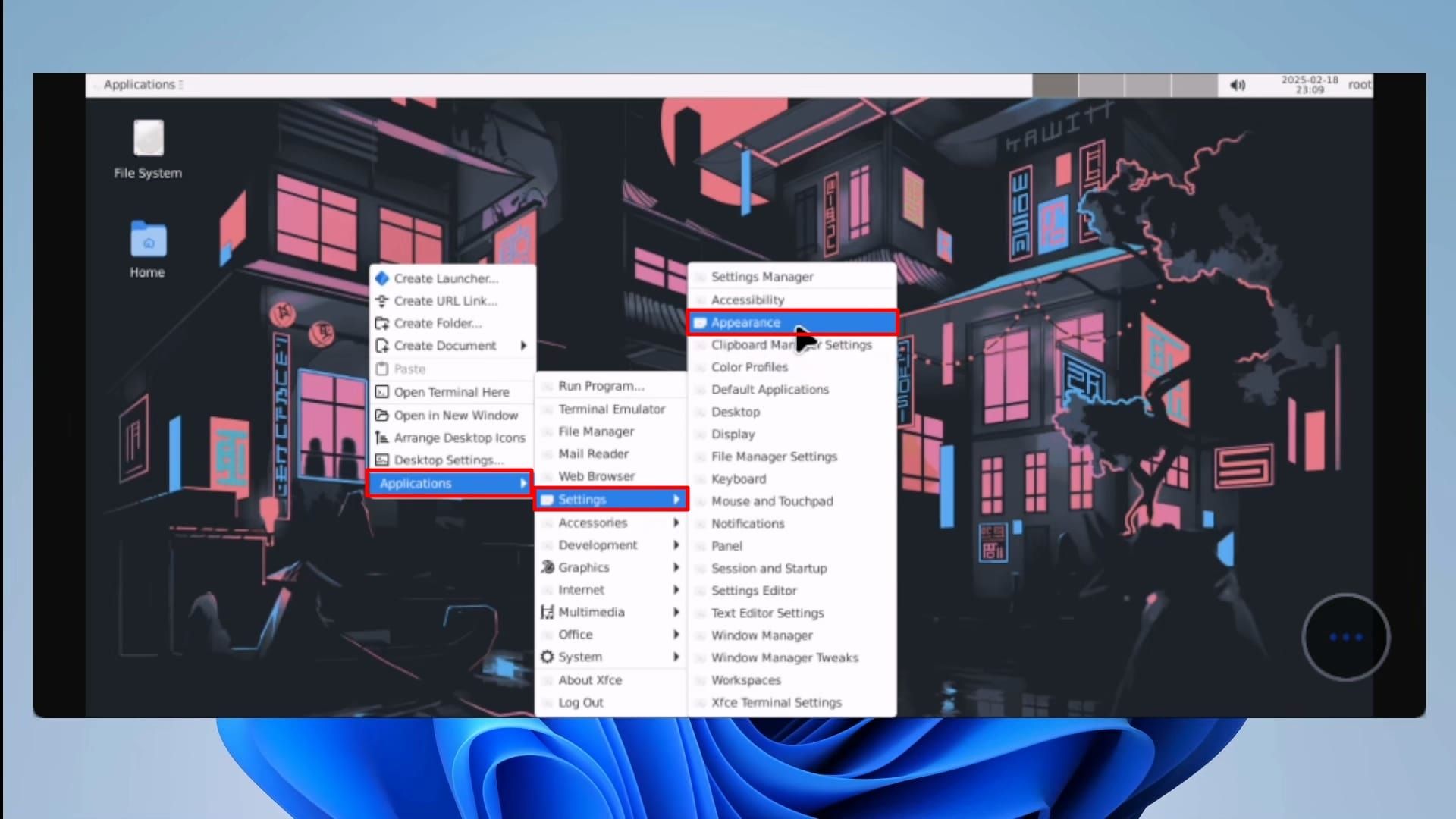 محیط گرافیکی اوبونتو - انتخاب تنظیمات Appearance  از منوی کلیک راست