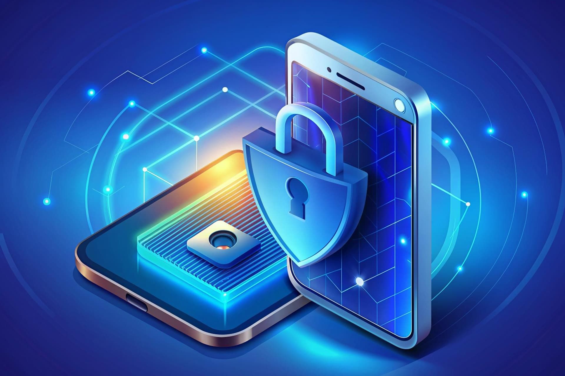 یک قفل به رنگ آبی روی صفحه یک گوشی هوشمند