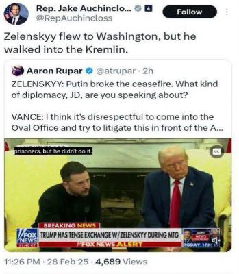 کنایه نماینده کنگره آمریکا به رفتار تحقیرآمیز ترامپ با زلنسکی