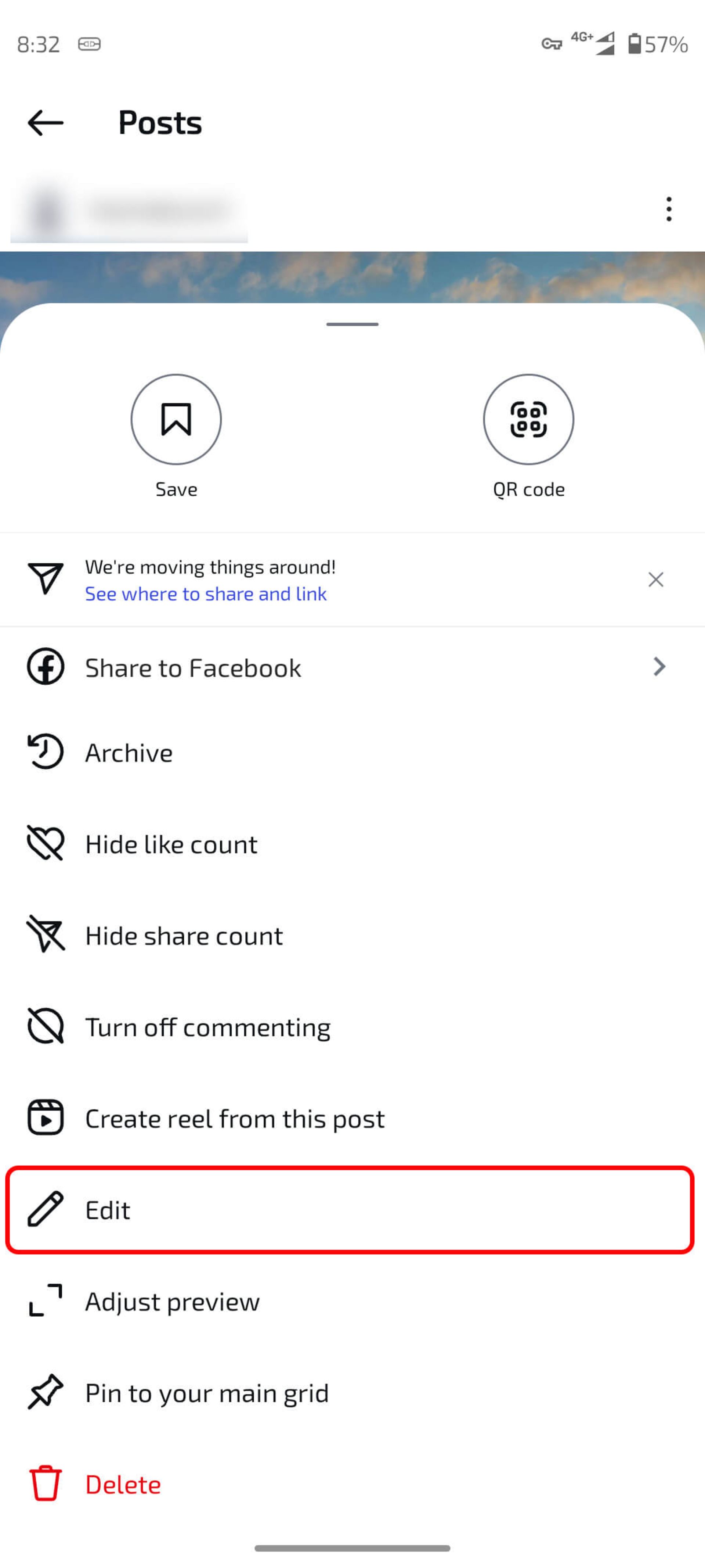 باز کردن پست اینستاگرام و انتخاب منوی سه نقطه