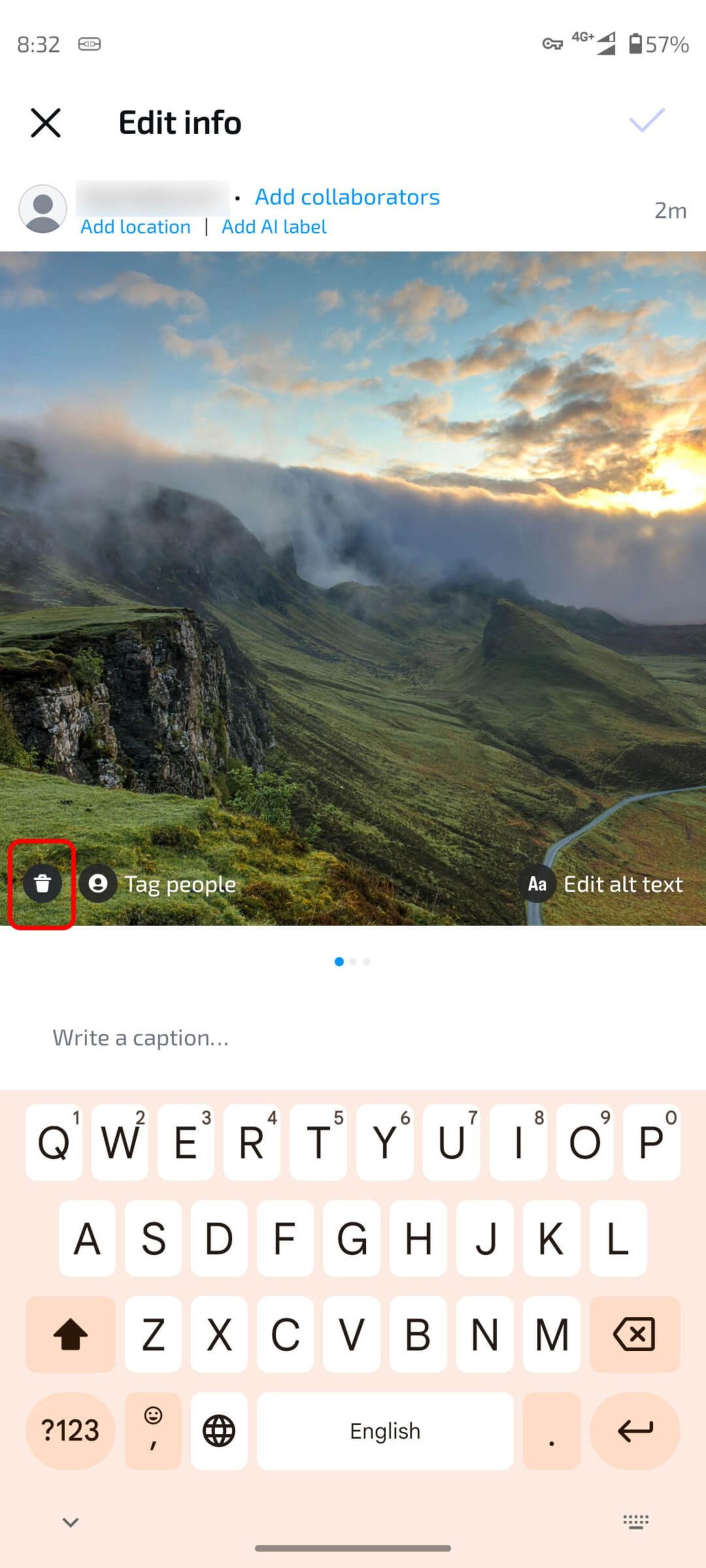 انتخاب آیکون سطل زباله جهت حذف و جابجایی تصویر در پست اسلایدی