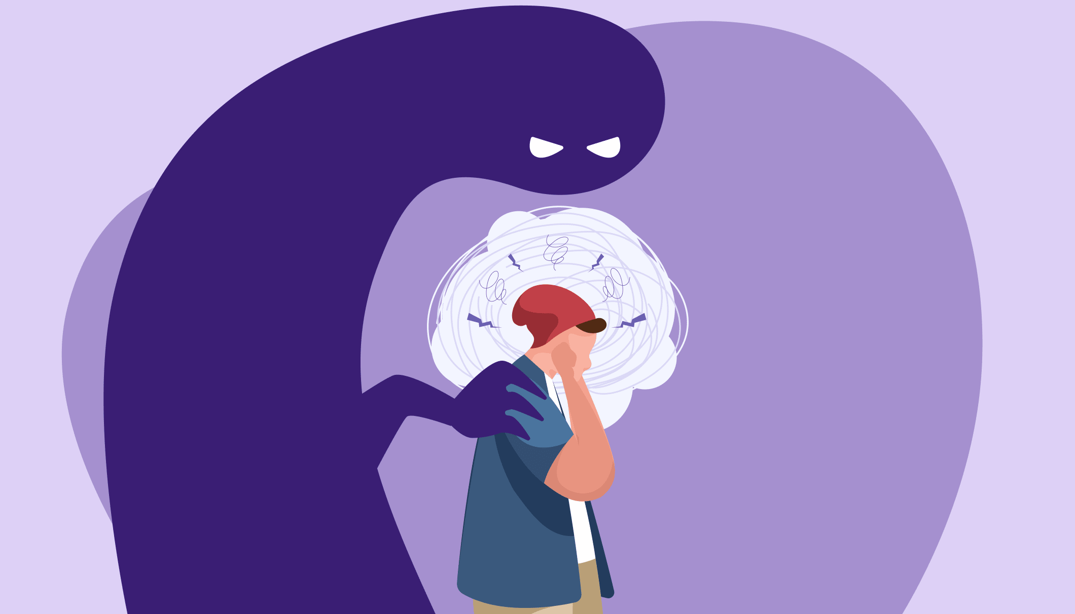 ۱۰ تکنیک روانشناسی برای کنترل سریع هراس از آینده_سودو تکنولوژی 1 شبح ترسناک پشت سر مرد کارتونی